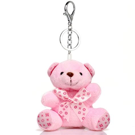 White/orchid Pink Teddy Bear Bag Charm With Metal Ring 